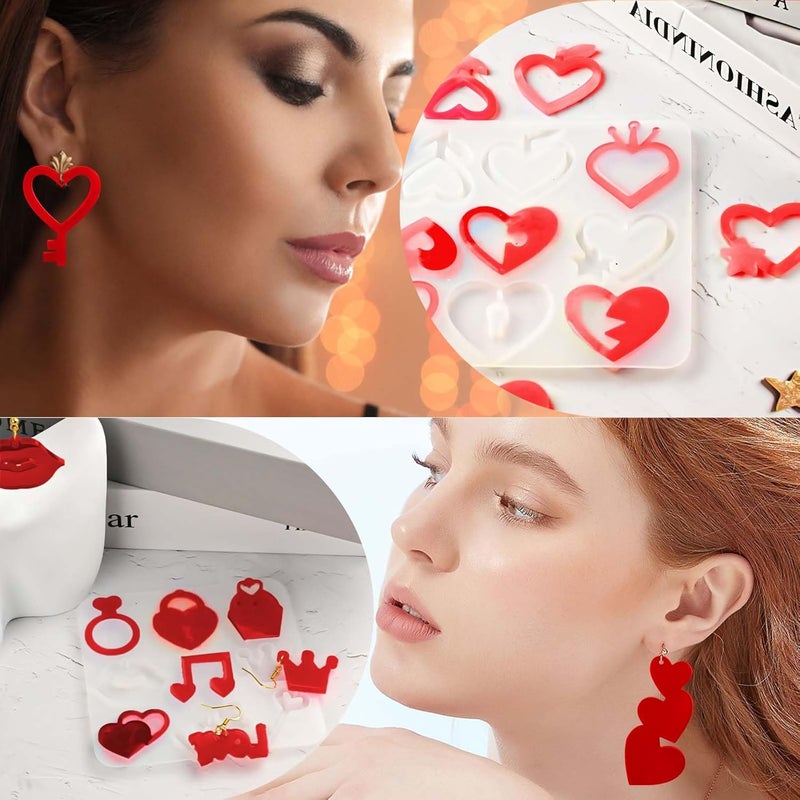 ZQYSING 4 Pack Resin Earring Molds with Holes, Resin Jewelry Molds Variety Heart Lips Crown Keys Lock Waterdrop Musical Notes Love, Shape Silicone Earring Pendant Bracelet Charm Mold - Image 4